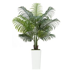 Artificial Areca Palm Tree 5 ft, Fake Palm Tropical Plants with White Tall Planter, Faux Floor Silk Plant in Pot