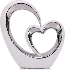Porcelain Double Heart Decor,White and Silver Sculpture Home Decor for Living Room Entryway Coffee Dining Table Shelves, Wedding Anniversary
