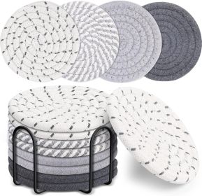 Mckanti 8 Pcs Drink Coasters with Holder, 4 Colors Absorbent Coasters, Minimalist Cotton Woven Coaster Set for Living Room Decor
